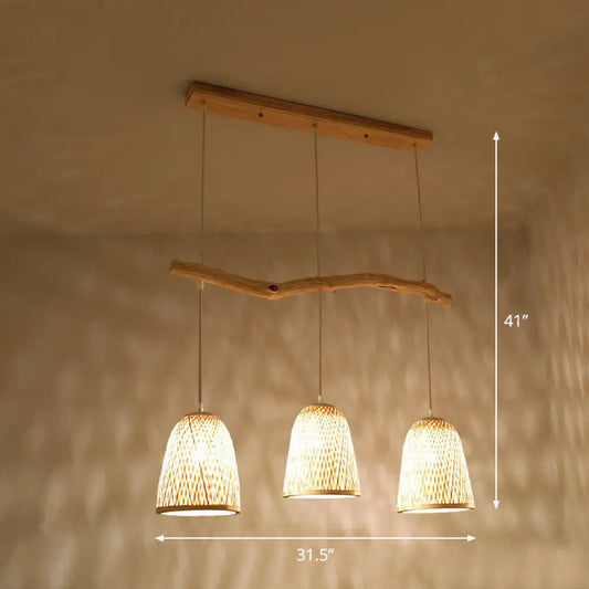 DecorBites™ Bamboo Bell Shade Pendant Light - South-east Asian Tea Room Island Lighting with 3 Heads - Wood Finish