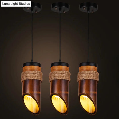 Bamboo Beveled Tube Hanging Light Fixture for Dining Room with Rope Suspension in Brown