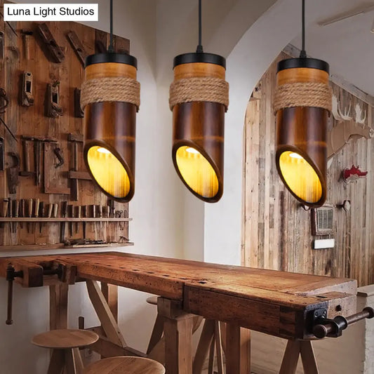 مصباح معلق من الخيزران على شكل أنبوب مشطوف لغرفة الطعام مع حبل تعليق باللون البني