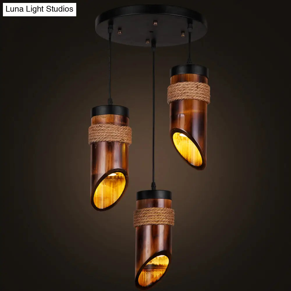 Bamboo Beveled Tube Hanging Light Fixture for Dining Room with Rope Suspension in Brown