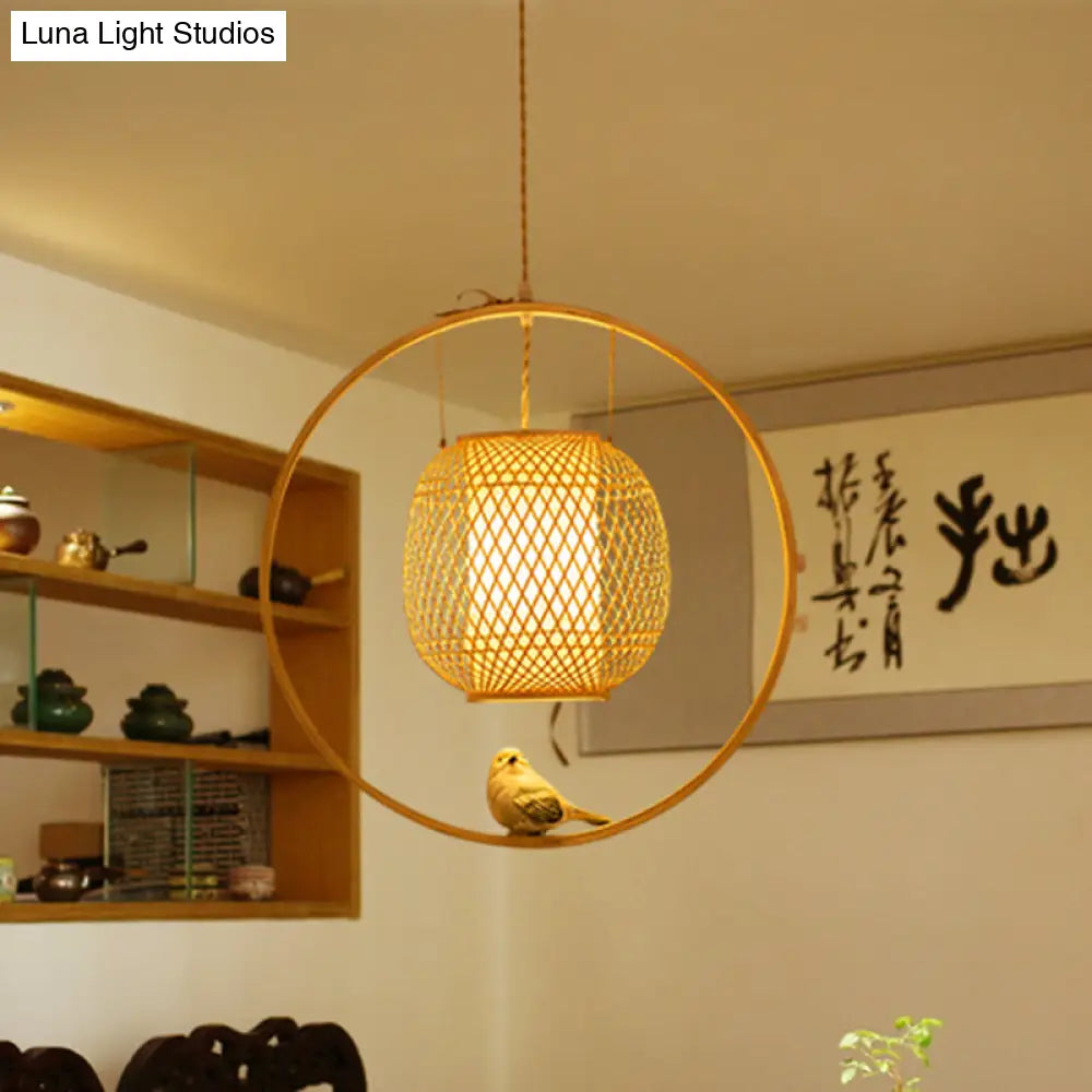 Bamboo Ceiling Light with Bird Deco: Modern Globe Hanging Lamp Kit in Beige