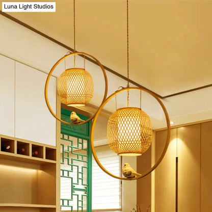 Bamboo Ceiling Light with Bird Deco: Modern Globe Hanging Lamp Kit in Beige