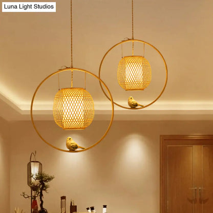 Bamboo Ceiling Light with Bird Deco: Modern Globe Hanging Lamp Kit in Beige