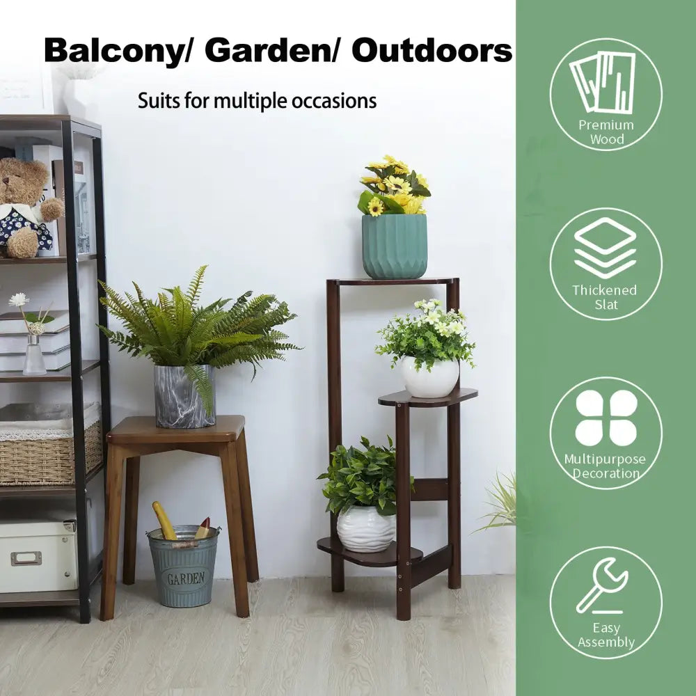 Dark brown bamboo corner plant stand with three tiers, angled legs, and rounded edges for garden or balcony use