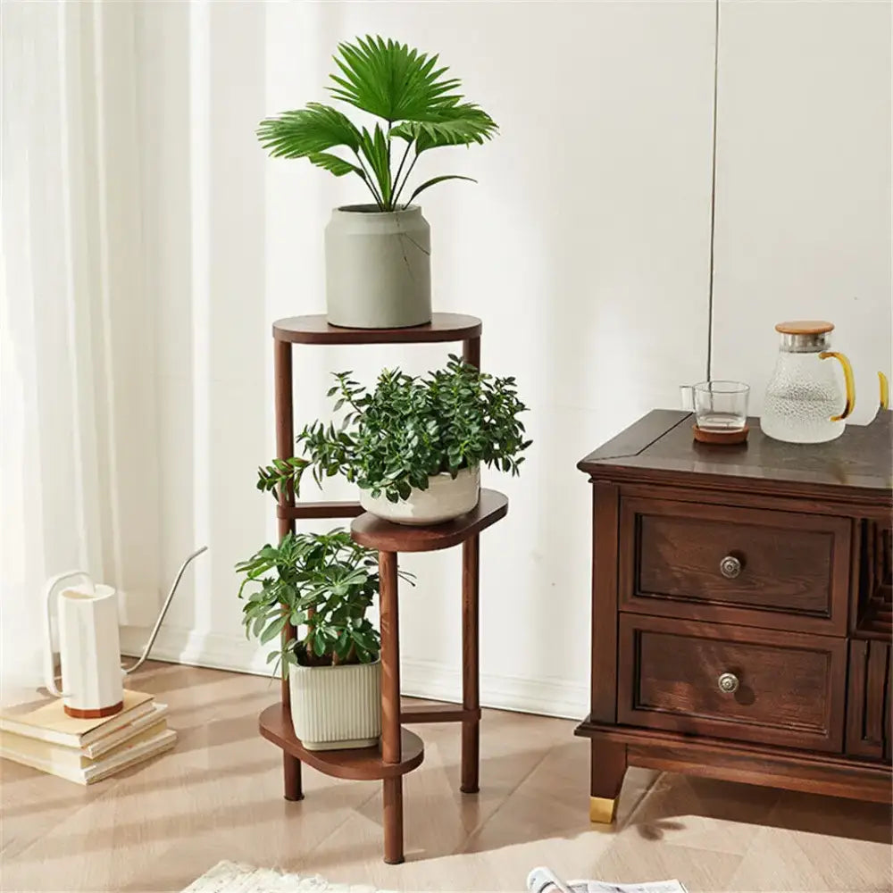 Dark wood bamboo corner plant stand with three circular shelves and slender legs holding green plants in ceramic pots