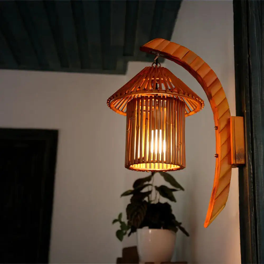 Warm-toned brown bamboo wall light fixture with vertical slats and arched bracket for bedroom use