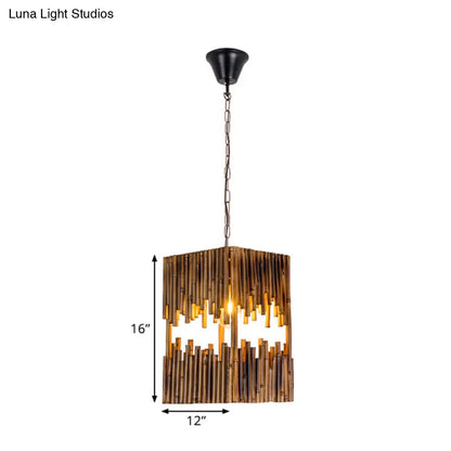 Bamboo Cuboid Pendant Lamp: Industrial Suspension Light with 1 Bulb for Restaurant Ceilings - Brown