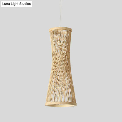 Bamboo Curved Pendant Light - 1 Light Beige Fixture for Dining Room