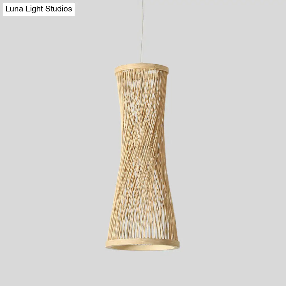 Bamboo Curved Pendant Light - 1 Light Beige Fixture for Dining Room