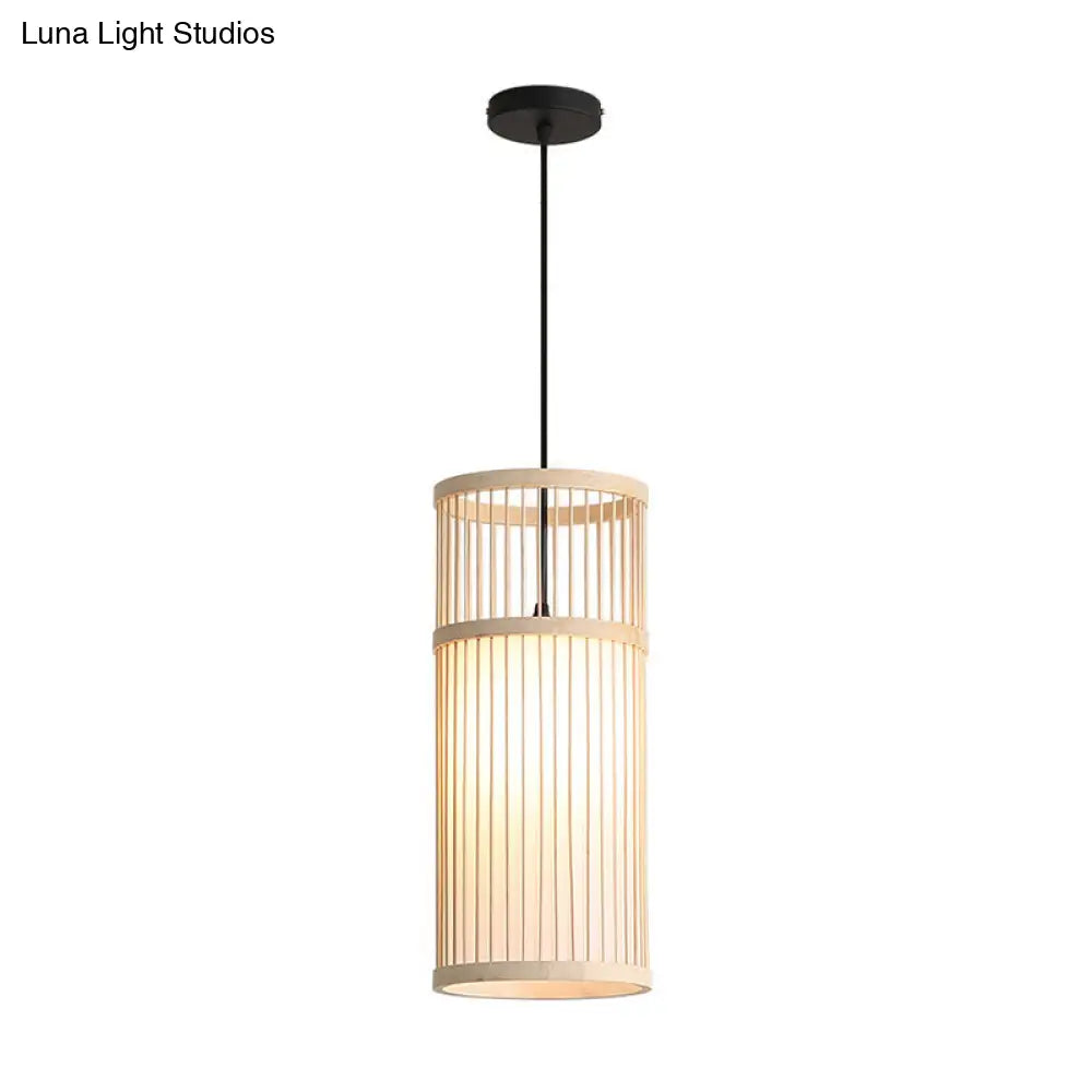 Bamboo Cylinder Pendant Light - Modern Style, Beige/Coffee, 1-Light Suspension Lamp