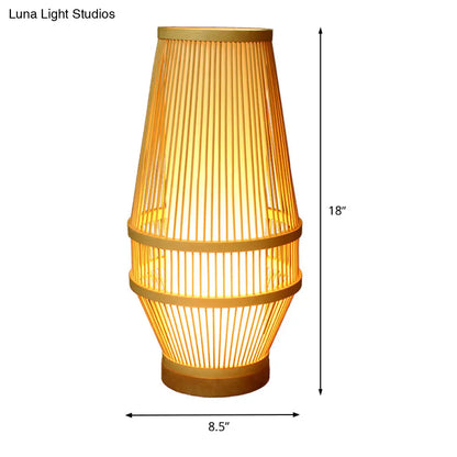 مصباح مكتب من الخيزران - على الطراز الياباني مع غطاء بيج وإضاءة داخلية أنبوبية