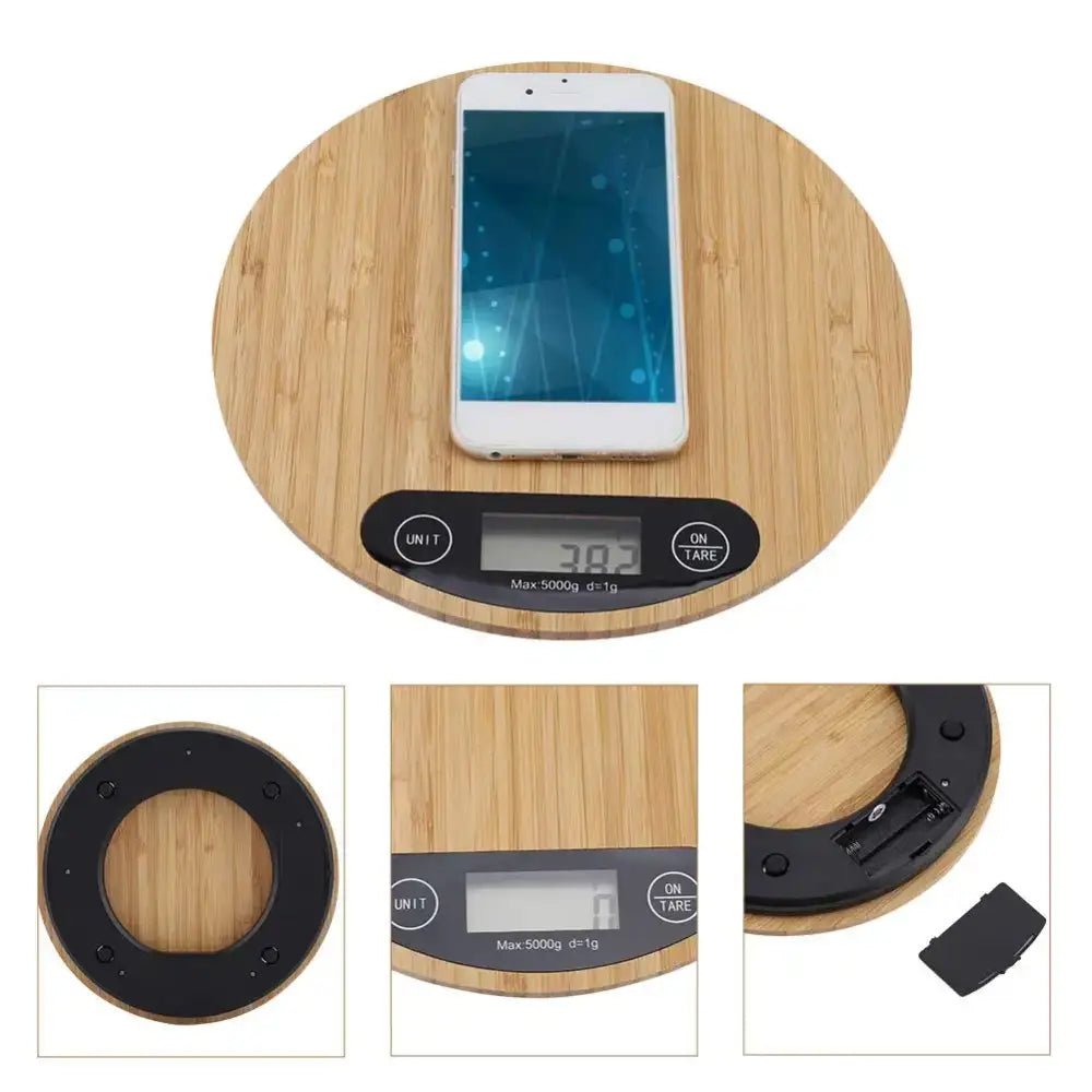Circular bamboo digital kitchen scale with black lcd display and 5kg capacity by decorbites digital kitchen