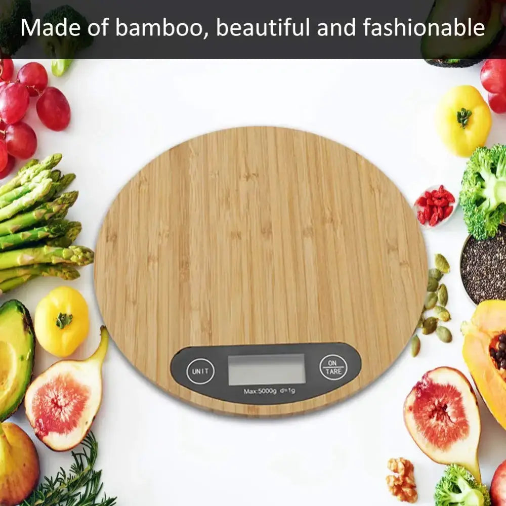 Circular bamboo digital kitchen scale with lcd display and black control buttons from decorbites digital kitchen set