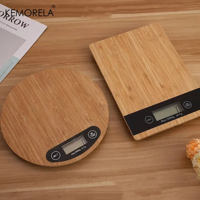Two bamboo digital kitchen scales with lcd display and black control panel from decorbites digital kitchen set 5kg capacity