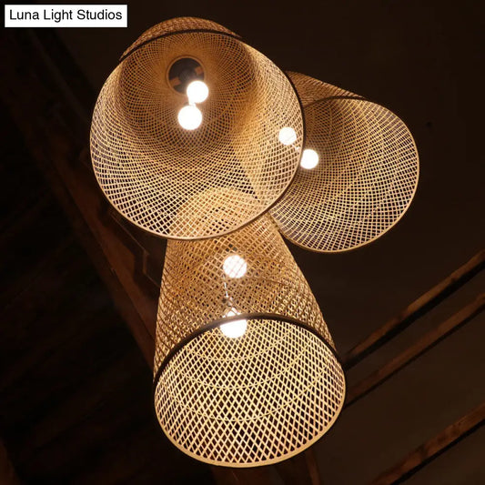 DecorBites™ Bamboo Elongated Pendant Chandelier Asian 2 Lights Wood Drop Lamp for Living Room