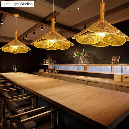 Bamboo Fan-Shaped Pendant Lamp with Wood Finish - Perfect for Dining Rooms, One Light Suspension