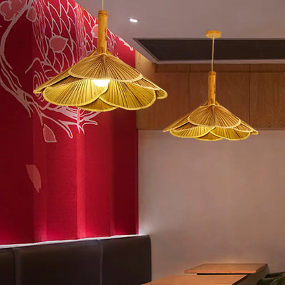 Bamboo Fan-Shaped Pendant Lamp with Wood Finish - Perfect for Dining Rooms, One Light Suspension