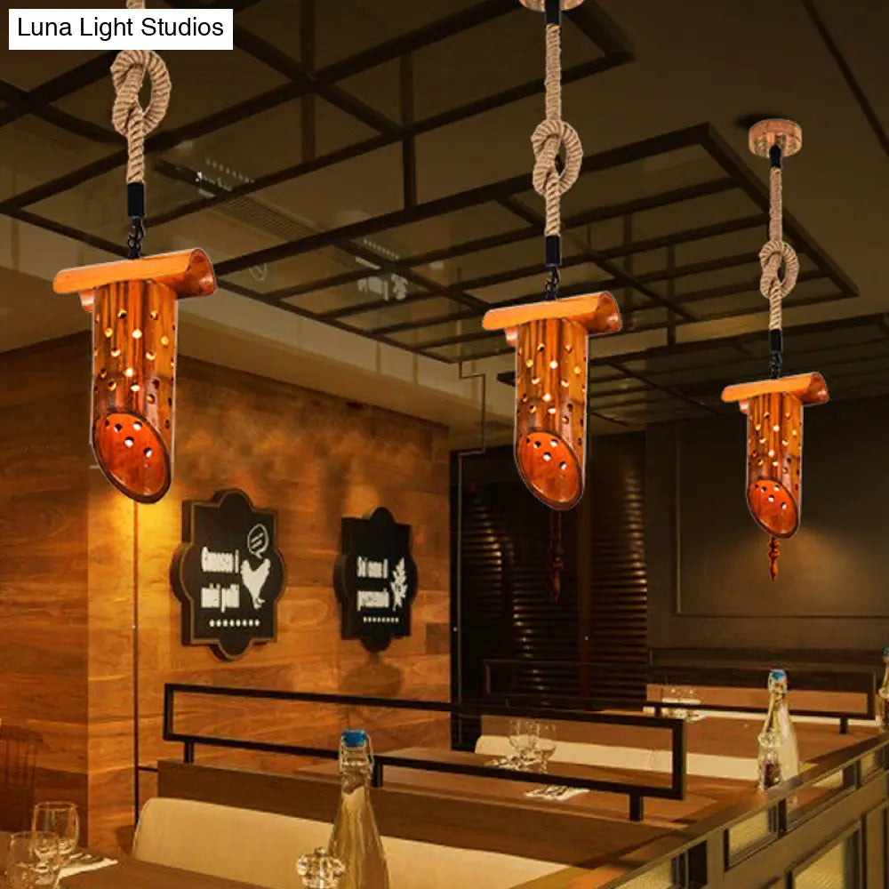 Bamboo Flute Pendant Lamp: Brown, Hollow-out Design, 1-Light Ceiling Hanging Light