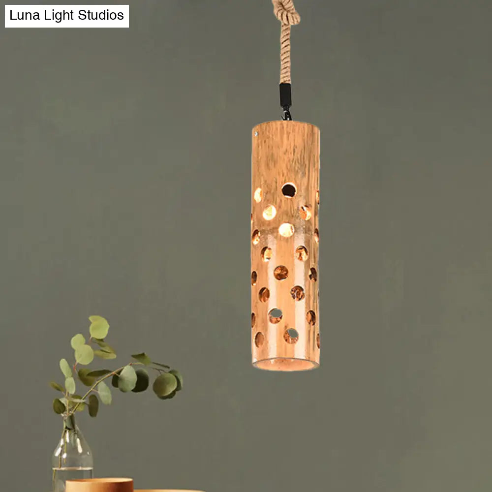 Bamboo Flute Pendant Lamp: Brown, Hollow-out Design, 1-Light Ceiling Hanging Light