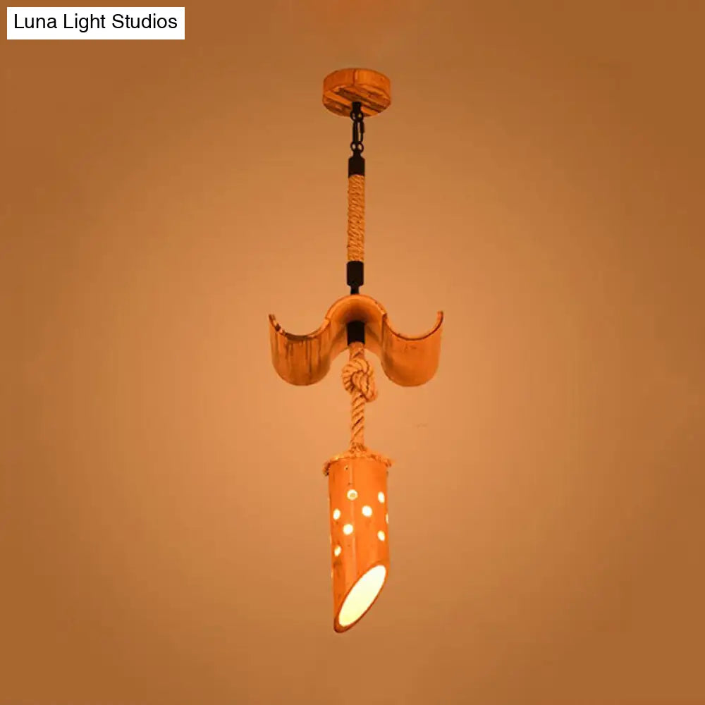 Bamboo Flute Pendant Lamp: Brown, Hollow-out Design, 1-Light Ceiling Hanging Light