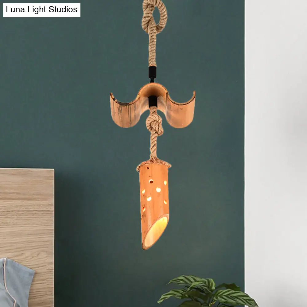 Bamboo Flute Pendant Lamp: Brown, Hollow-out Design, 1-Light Ceiling Hanging Light