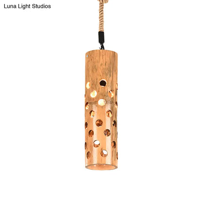 Bamboo Flute Pendant Lamp: Brown, Hollow-out Design, 1-Light Ceiling Hanging Light