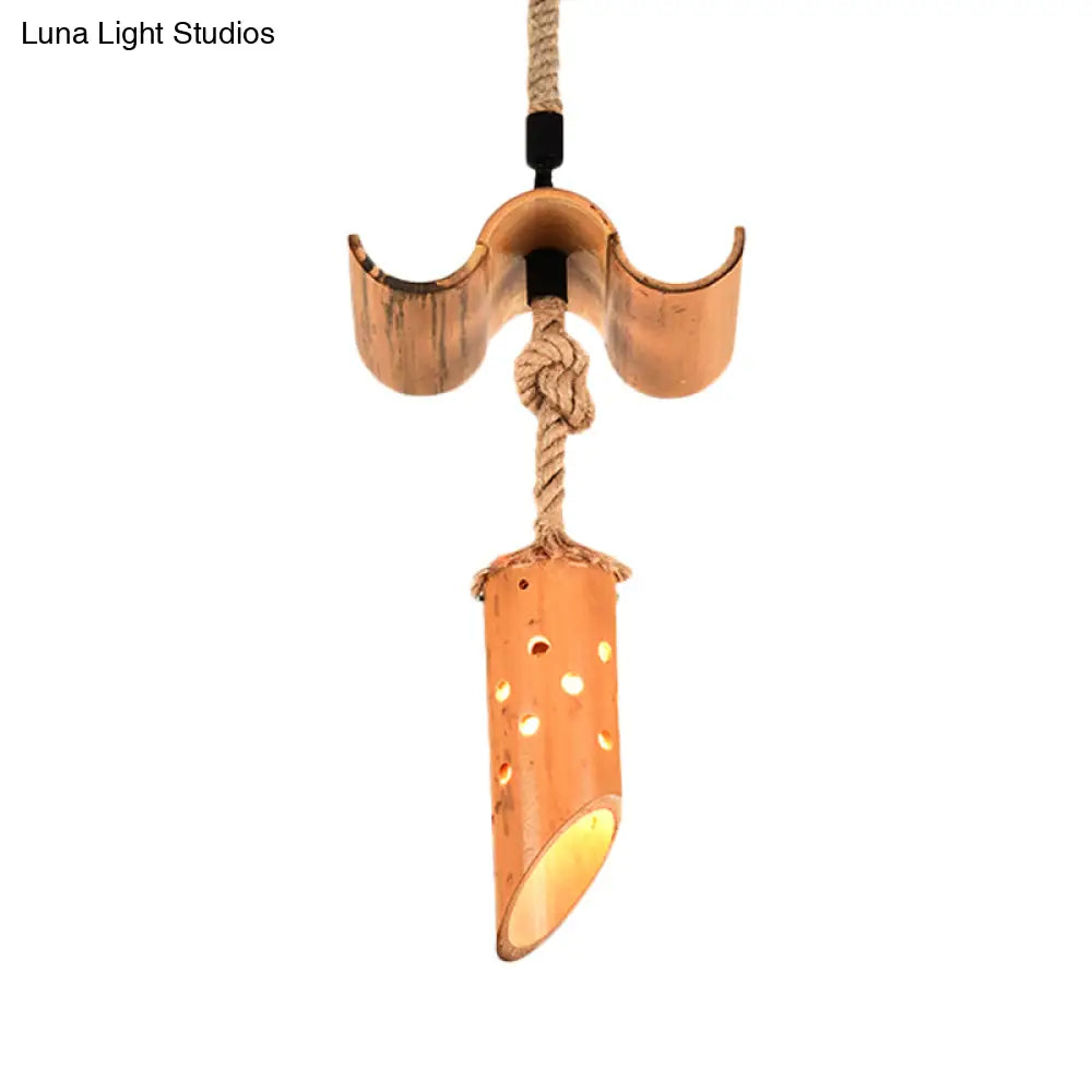 Bamboo Flute Pendant Lamp: Brown, Hollow-out Design, 1-Light Ceiling Hanging Light