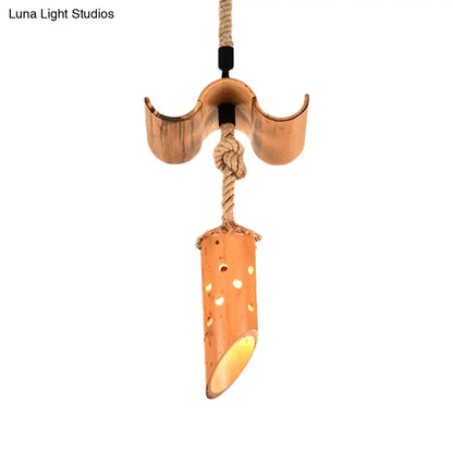 Bamboo Flute Pendant Lamp: Brown, Hollow-out Design, 1-Light Ceiling Hanging Light