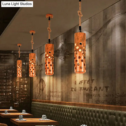 Bamboo Flute Pendant Lamp: Brown, Hollow-out Design, 1-Light Ceiling Hanging Light