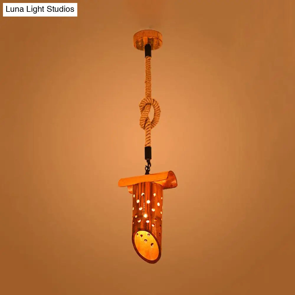 Bamboo Flute Pendant Lamp: Brown, Hollow-out Design, 1-Light Ceiling Hanging Light