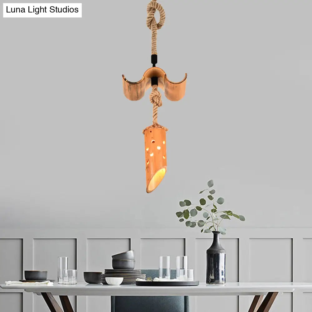 Bamboo Flute Pendant Lamp: Brown, Hollow-out Design, 1-Light Ceiling Hanging Light