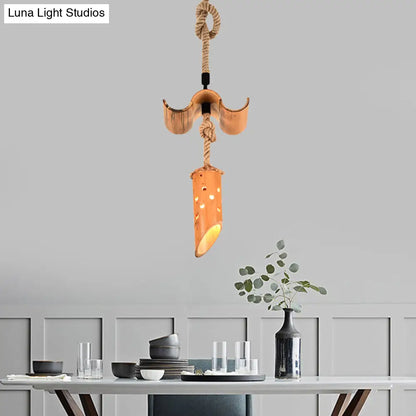 Bamboo Flute Pendant Lamp: Brown, Hollow-out Design, 1-Light Ceiling Hanging Light