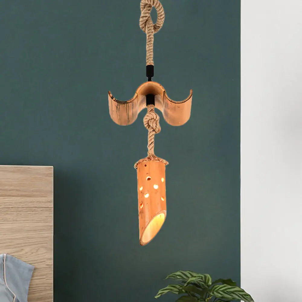 Bamboo Flute Pendant Lamp: Brown, Hollow-out Design, 1-Light Ceiling Hanging Light