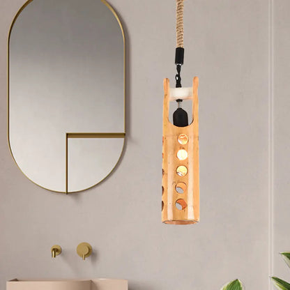 Bamboo Flute Pendant Lamp: Brown, Hollow-out Design, 1-Light Ceiling Hanging Light