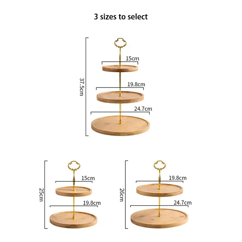 Three-tiered bamboo fruit cake stand with gold-tone metal frame and keyhole handle for dining room decorbites bamboo fruit