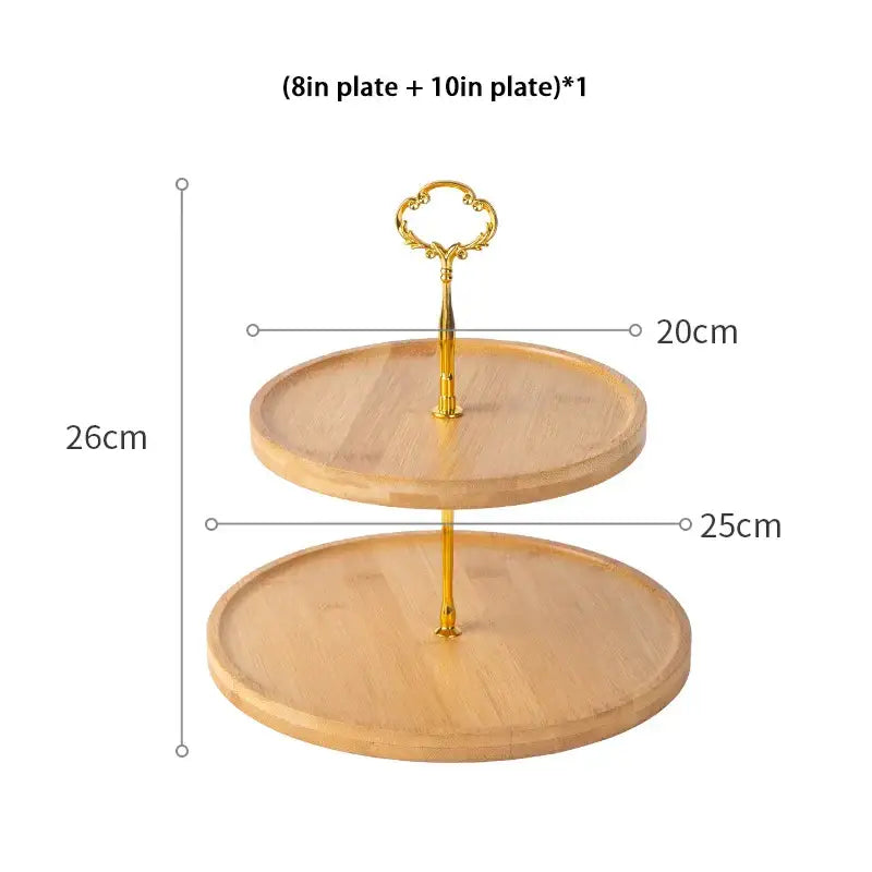 Two-tiered bamboo fruit cake stand with gold-toned metal handles and supports decorbites bamboo fruit decor