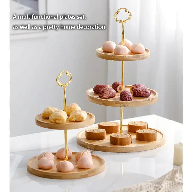 Three-tiered bamboo fruit cake stand with gold-toned ornate handles wood tray for decorbites bamboo fruit display