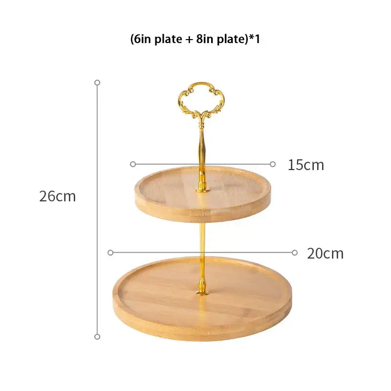 Gold finished metal stand with two wooden tiers 6 and 8 inch for decorbites bamboo fruit cake stand display