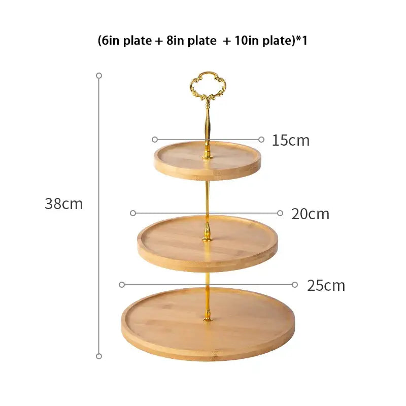 Three-tiered bamboo fruit cake stand with gold-toned metal supports and ornate handle by decorbites bamboo fruit