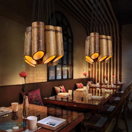 Bamboo Hanging Lamp Antique Tube Suspension Light - 8 Lights, Beige - Ideal for Bistro Restaurant