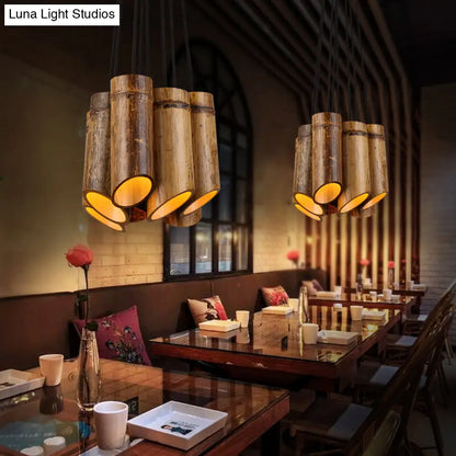 Bamboo Hanging Lamp Antique Tube Suspension Light - 8 Lights, Beige - Ideal for Bistro Restaurant