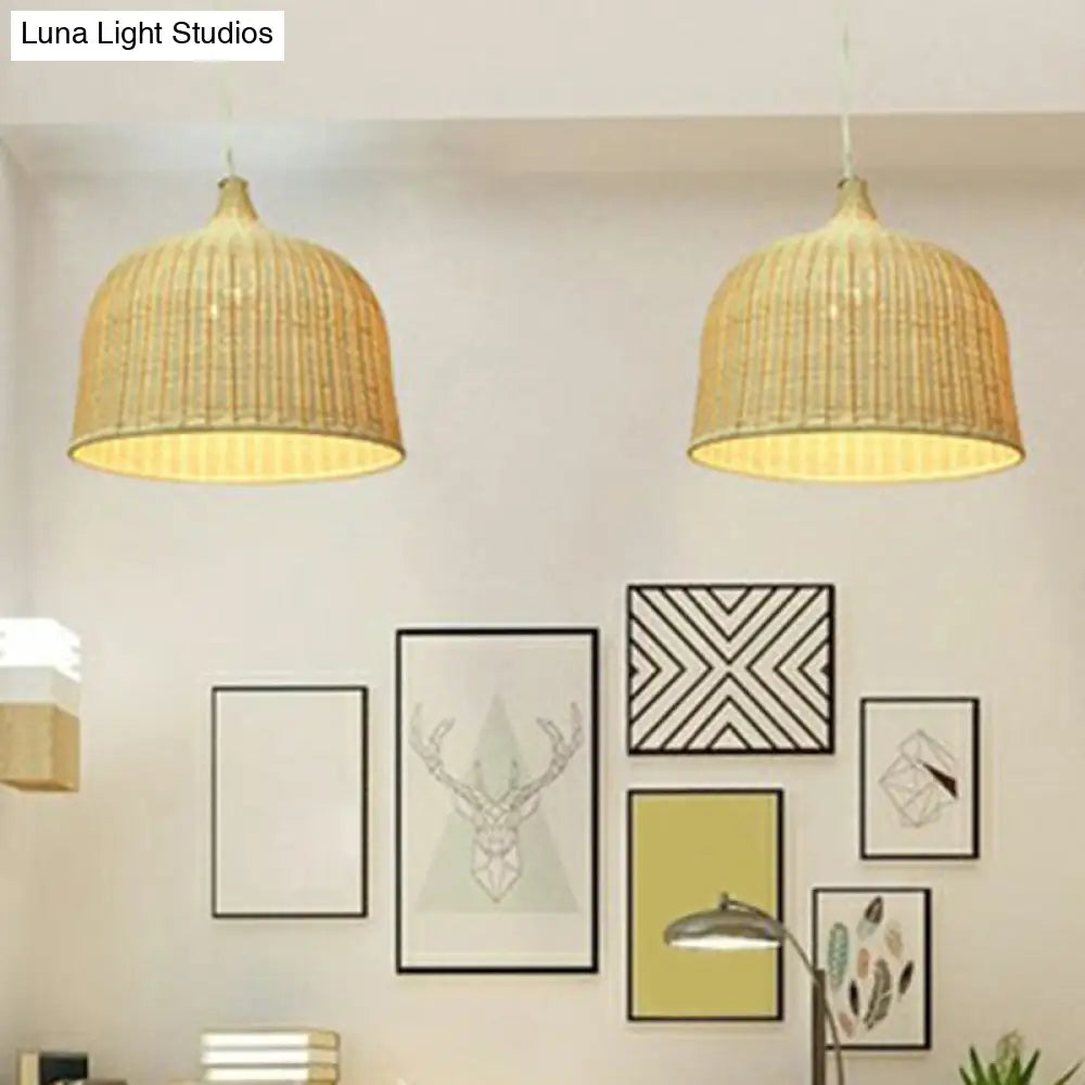 Bamboo Hanging Lamp: Modern Cloche Shape, Wood Ceiling Light for Bedroom