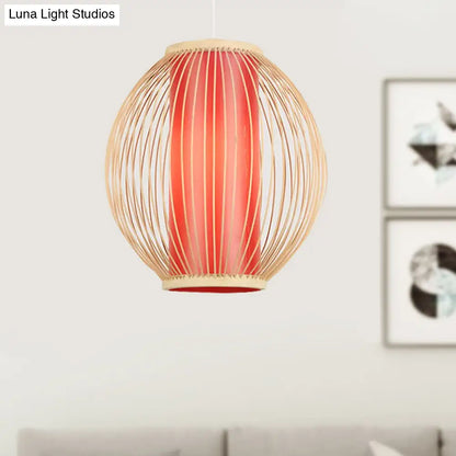 Bamboo Hanging Light Fixture with Chinese Style Suspension - 1-Light Global Kitchen Lamp, Inner Red Cylinder Shade