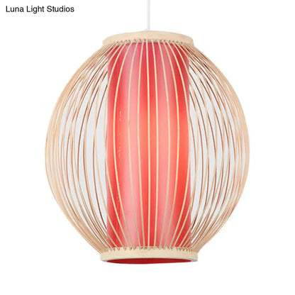 Bamboo Hanging Light Fixture with Chinese Style Suspension - 1-Light Global Kitchen Lamp, Inner Red Cylinder Shade