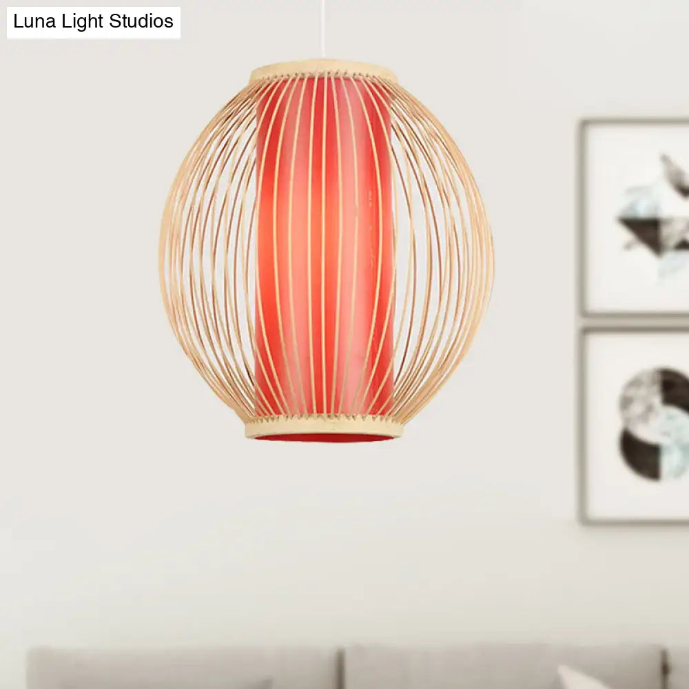 Bamboo Hanging Light Fixture with Chinese Style Suspension - 1-Light Global Kitchen Lamp, Inner Red Cylinder Shade