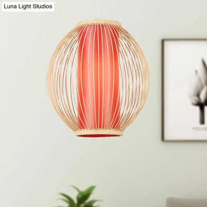 Bamboo Hanging Light Fixture with Chinese Style Suspension - 1-Light Global Kitchen Lamp, Inner Red Cylinder Shade