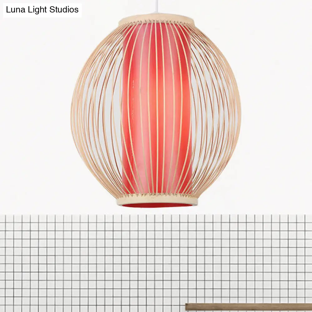 Bamboo Hanging Light Fixture with Chinese Style Suspension - 1-Light Global Kitchen Lamp, Inner Red Cylinder Shade