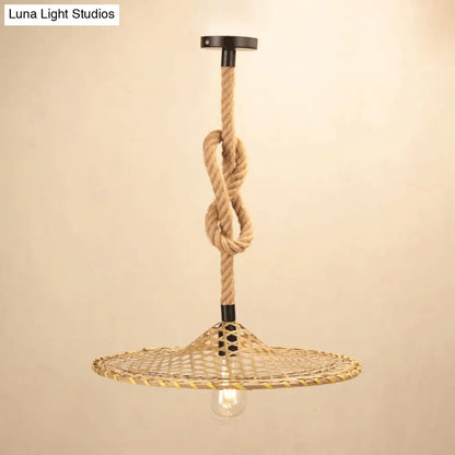 Bamboo Hat Pendant Ceiling Light with Countryside Beige Rope - Knots Design