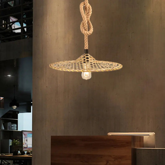 Bamboo Hat Pendant Ceiling Light with Countryside Beige Rope - Knots Design