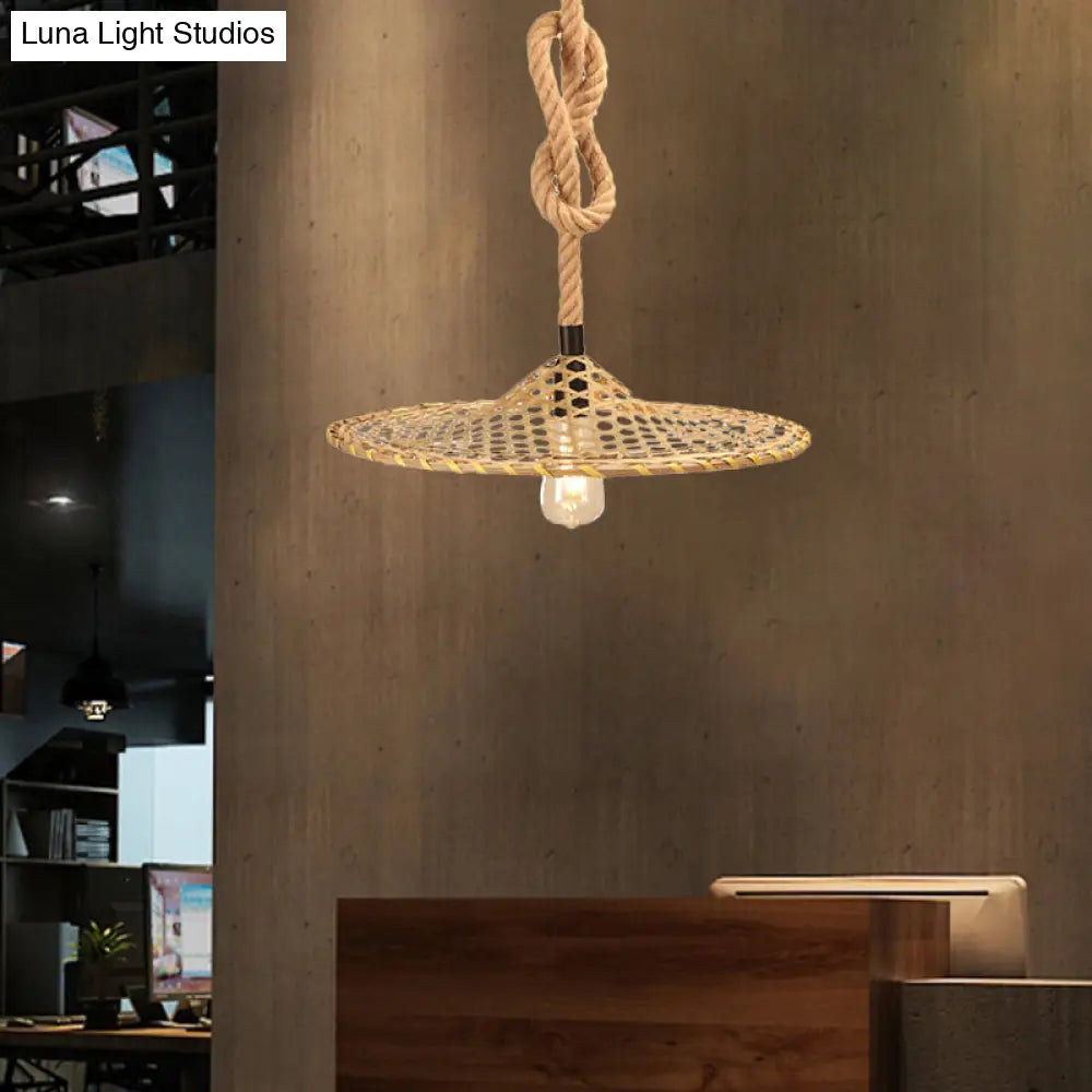 Bamboo Hat Pendant Ceiling Light with Countryside Beige Rope - Knots Design